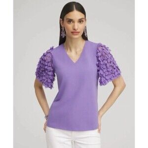 CHICO’S Women’s Applique Sleeve Tee in Parisian Purple-Size Medium Chic Party